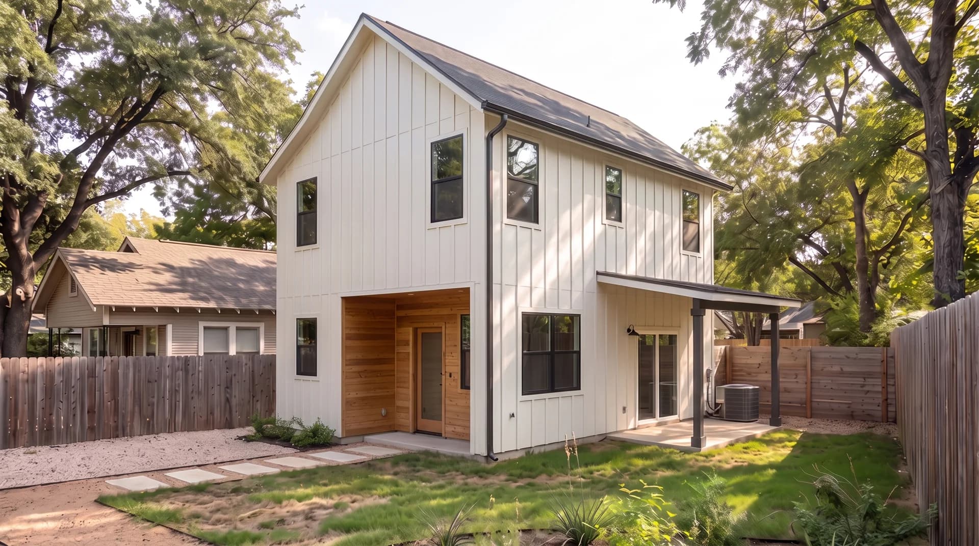Illustrative concept of an accessory dwelling unit with white board-and-batten siding and a cedar entry