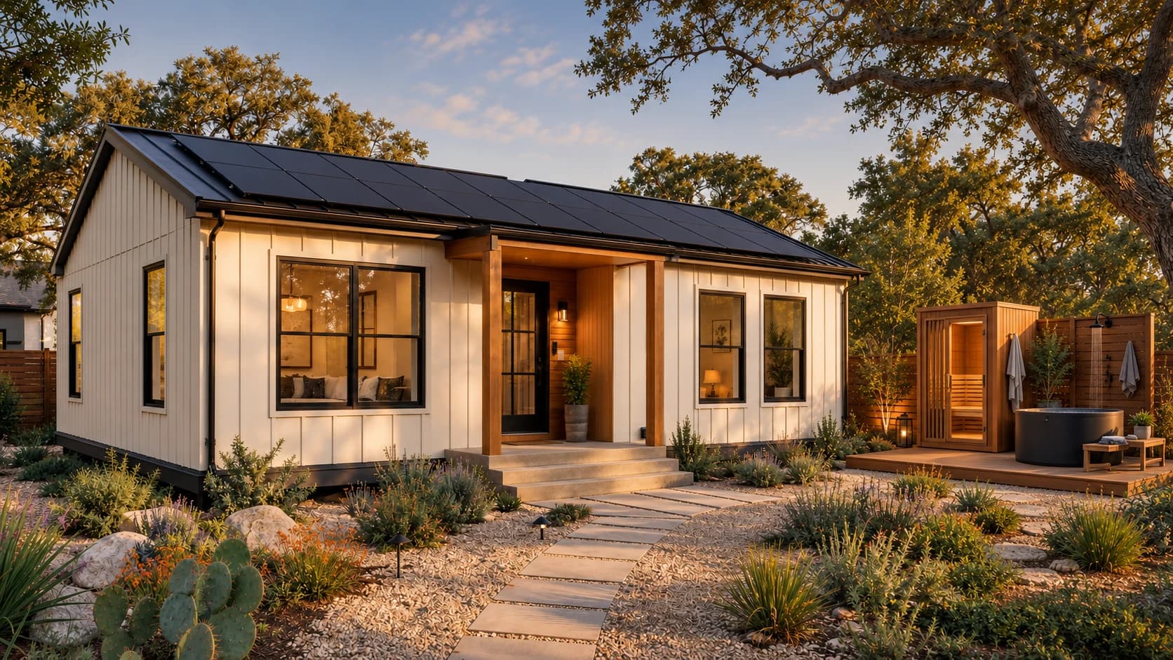 Single-story living with optional solar and outdoor features